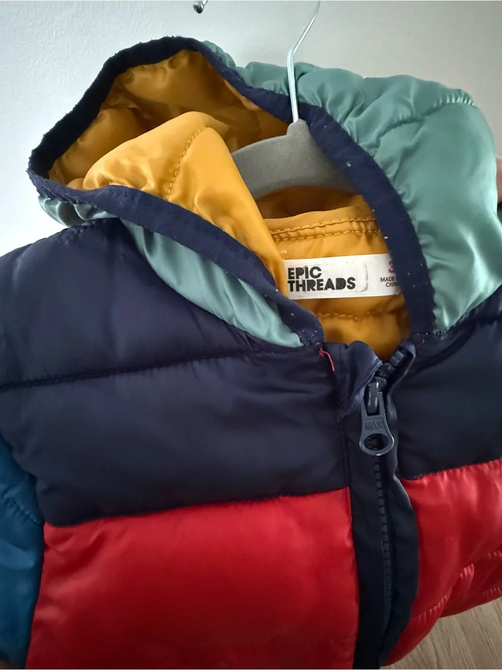 Kids Hooded Puffer Jacket - Red/Blue/Green